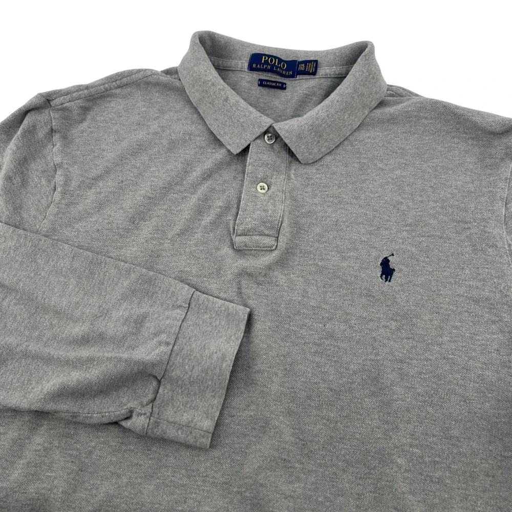 Polo Ralph Lauren Mens XXL Gray Long Sleeve Classic Fit Pique Polo Shirt‎ Logo